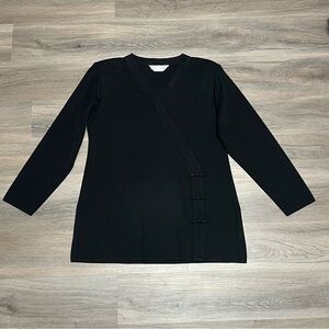 Misook Medium Petite Blouse Top Black Solid V Neck Stretch Knit Frog Closure